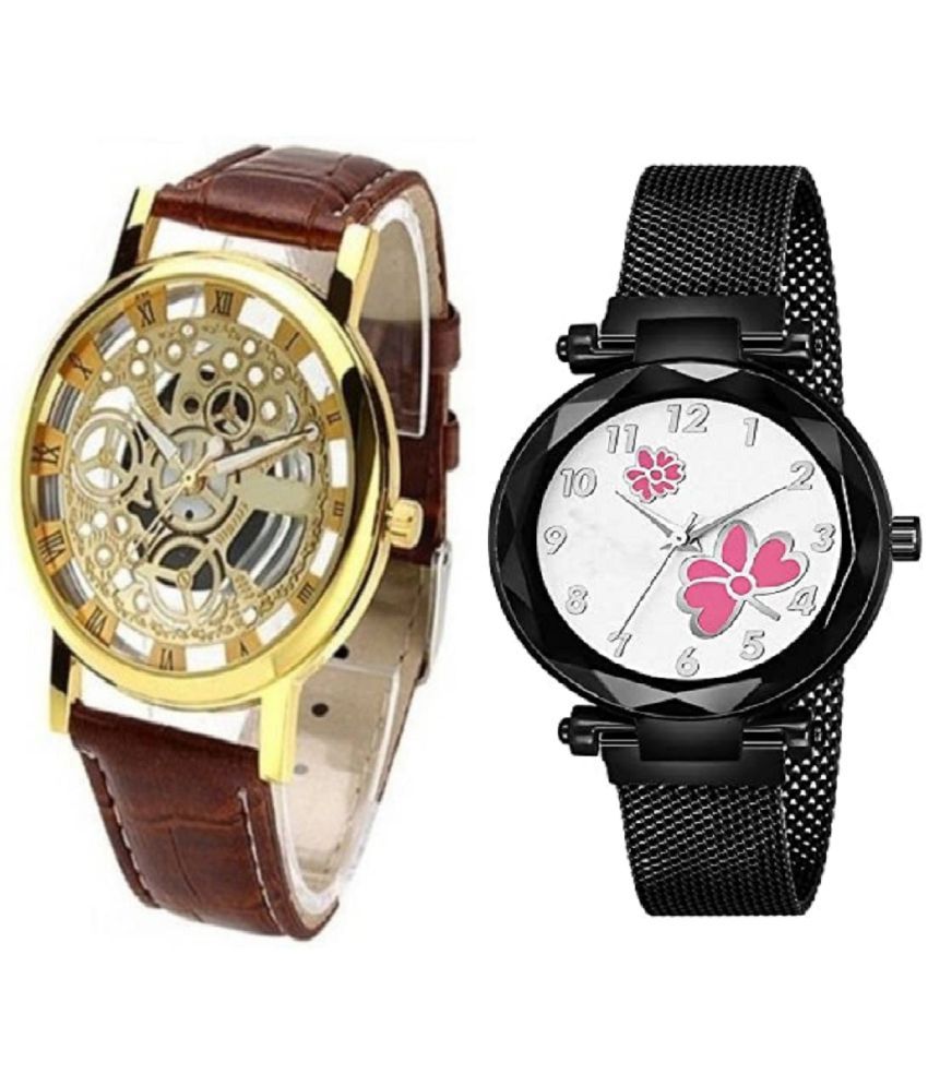     			newmen - Brown Leather Analog Couple's Watch