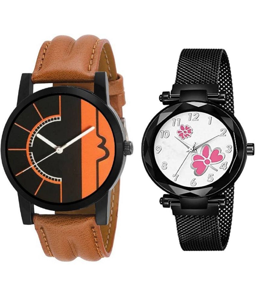     			newmen - Brown Leather Analog Couple's Watch