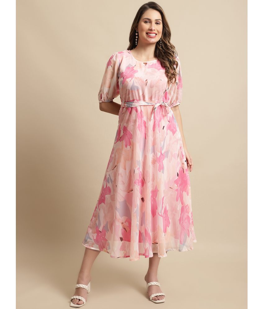     			Fabflee - Pink Chiffon Women's Fit & Flare Dress ( Pack of 1 )