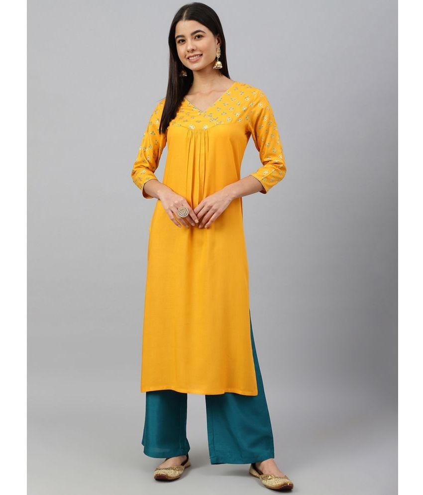     			Janasya - Yellow Rayon Women's Straight Kurti ( Pack of 1 )