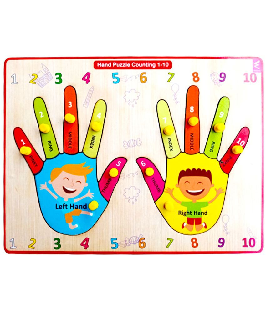     			WISSEN Wooden Hand Finger learning and counting Educational Knob Tray-12*9 inch for kids 3 years & above