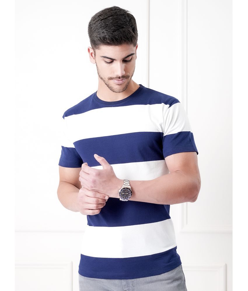     			UrbanMark Mens 100% Cotton Regular Fit Round Half Sleeves Horizontal Striped T Shirt -Navy & White