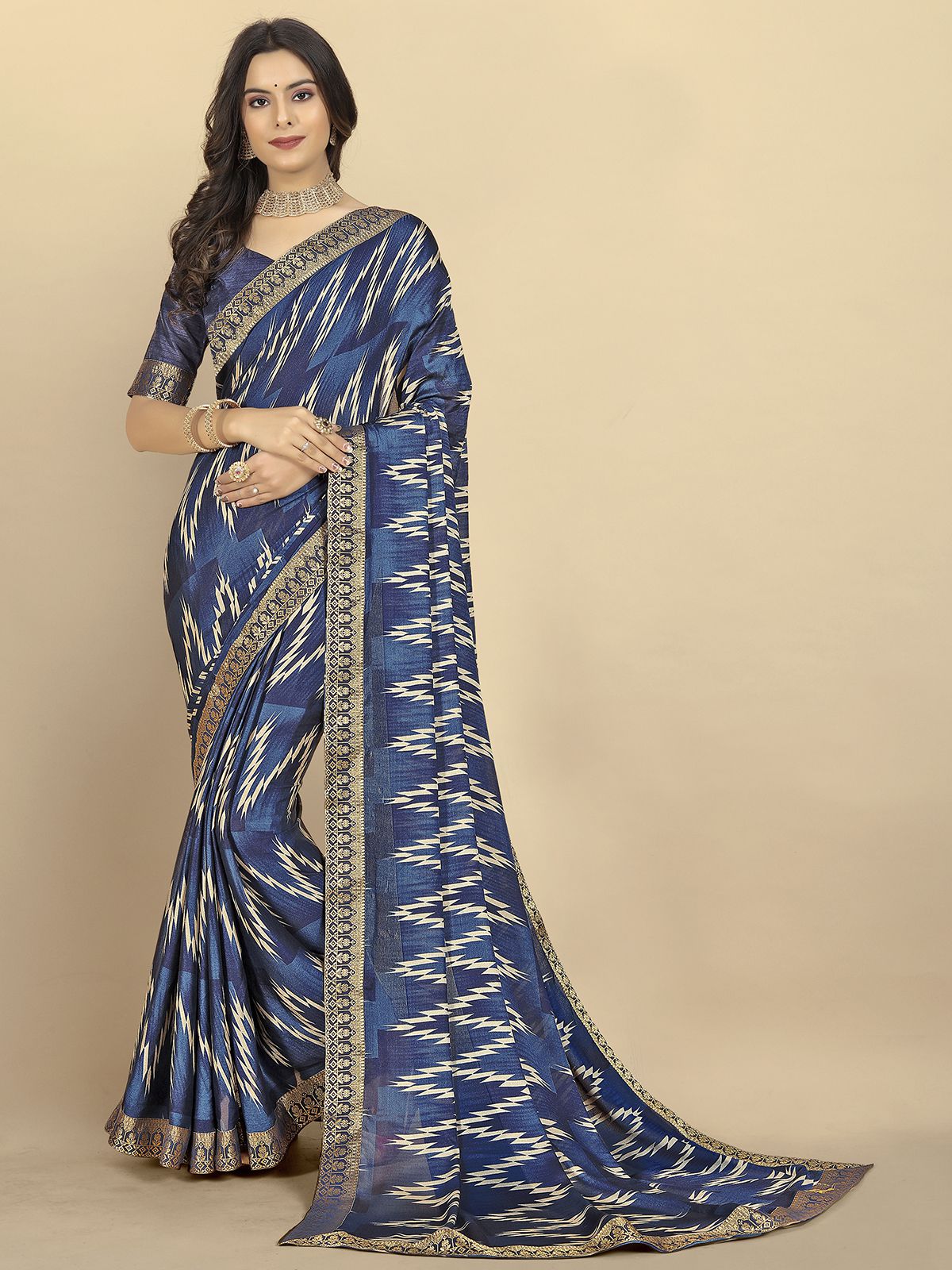 Rangita Women Abstract Printed Moss Georgette Saree With Blouse Piece - Blue