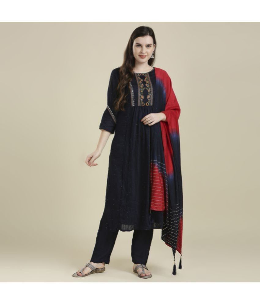     			Madhuram Textiles - Blue Straight Chanderi Women's Stitched Salwar Suit ( Pack of 1 )