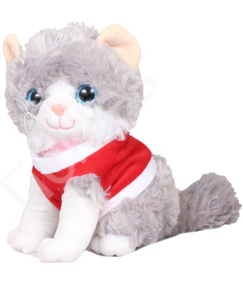     			Tickles Cute Sitting Cat Wearing Red Dress Glitter Eye Soft Stuffed Plush Animal Toy for Kids Room  (Color: Grey Size: 20 cm)