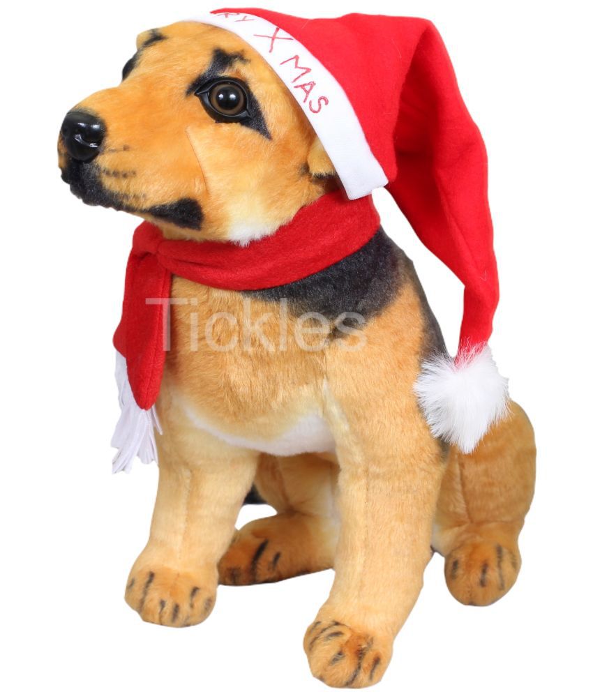     			Tickles Soft Stuffed Plush Animal German Shephard Dog with Christmas Santa Cap and Muffler Toy for Kids Room (Color: Brown Size: 30 cm)