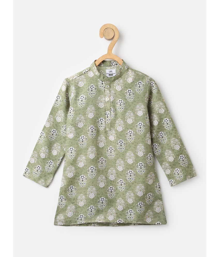     			Urbanmark Junior Mandarin Collar Printed Full Sleeves Stitched Ethnic Kurta -Green