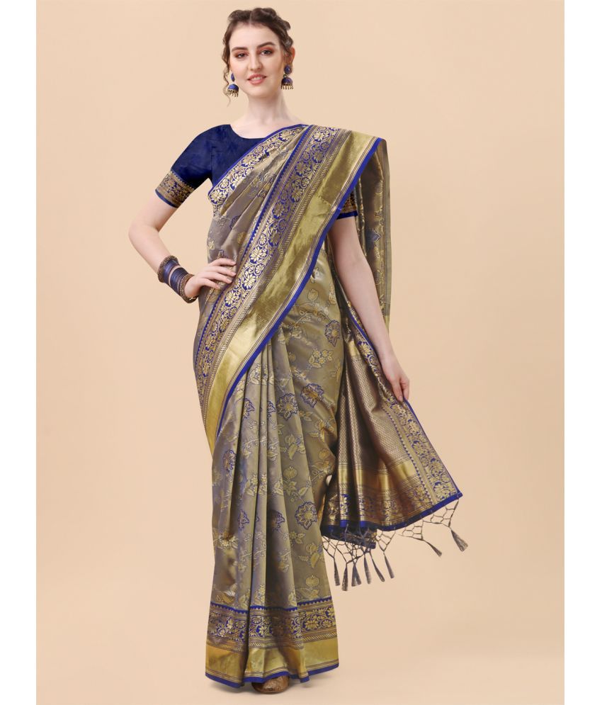     			Rekha Maniyar Fashions - Navy Blue Banarasi Silk Saree With Blouse Piece ( Pack of 1 )
