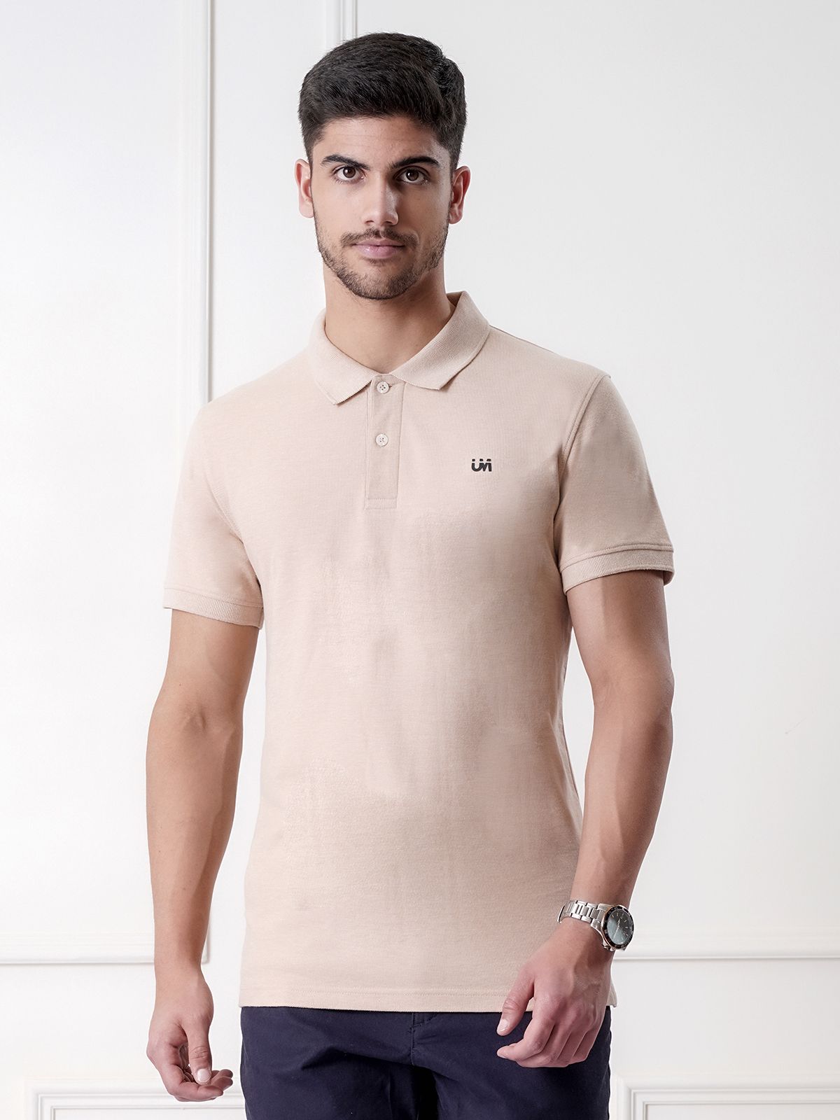     			UrbanMark Men Half Sleeves Regular Fit Solid Polo Tshirt -Beige