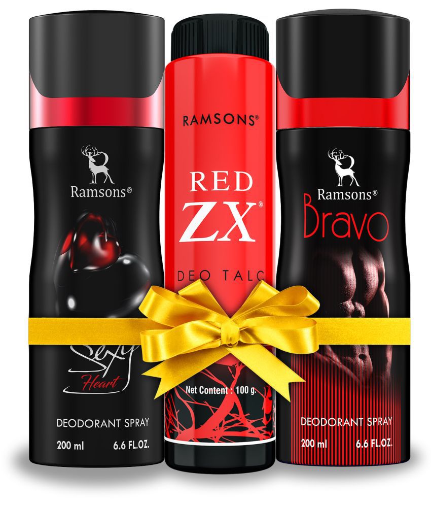 RAMSONS Deo Talc Combo | 1 Bravo Deodorant Spray - 200ml | 1 Sexy Heart Deodorant Spray - 200ml | 1 RED ZX Deo Talc - 100gm | Combo Pack Of 3