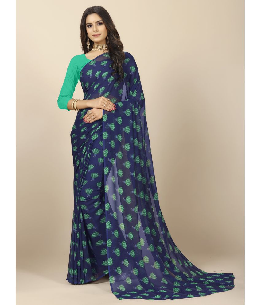     			Rangita Women Floral Printed Georgette Saree With Blouse Piece - Navy Blue