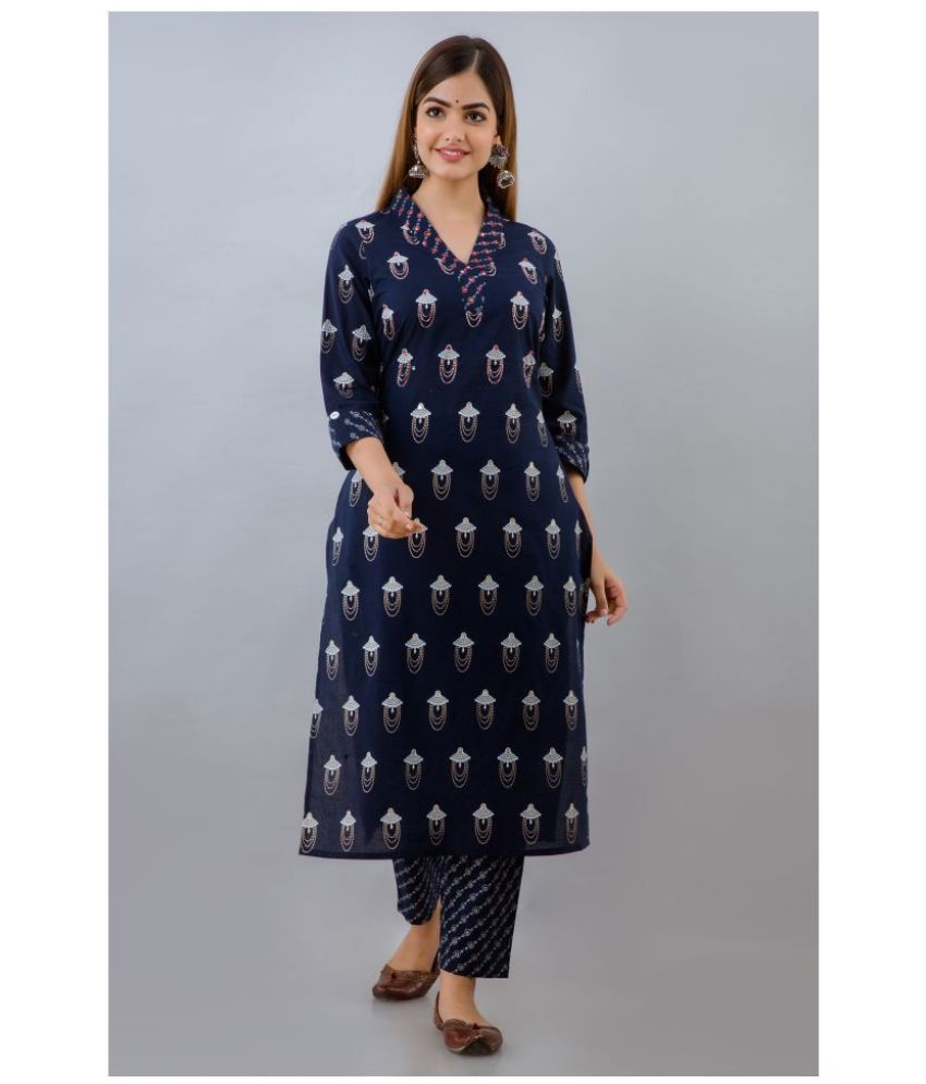     			Frionkandy - Navy Straight Cotton Women's Stitched Salwar Suit ( Pack of 1 )