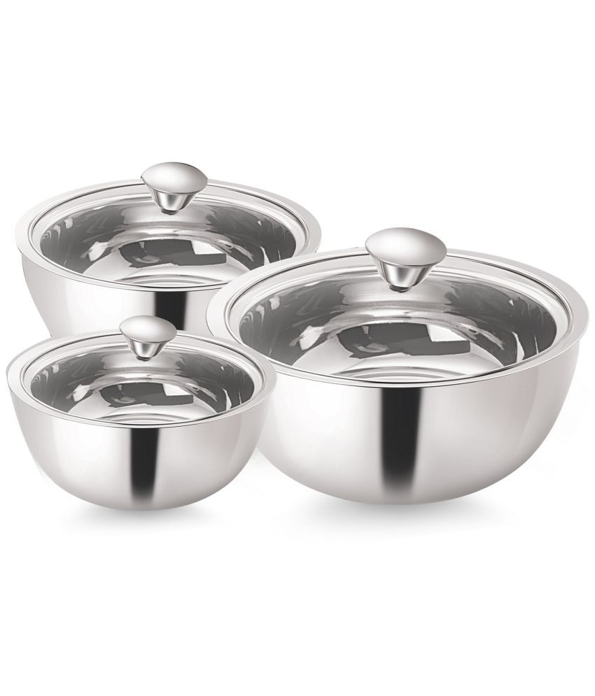     			NanoNine - Gravy Pot Double Wall Silver Steel Serve Casserole ( Set of 3 , 500,900,1550 mL )