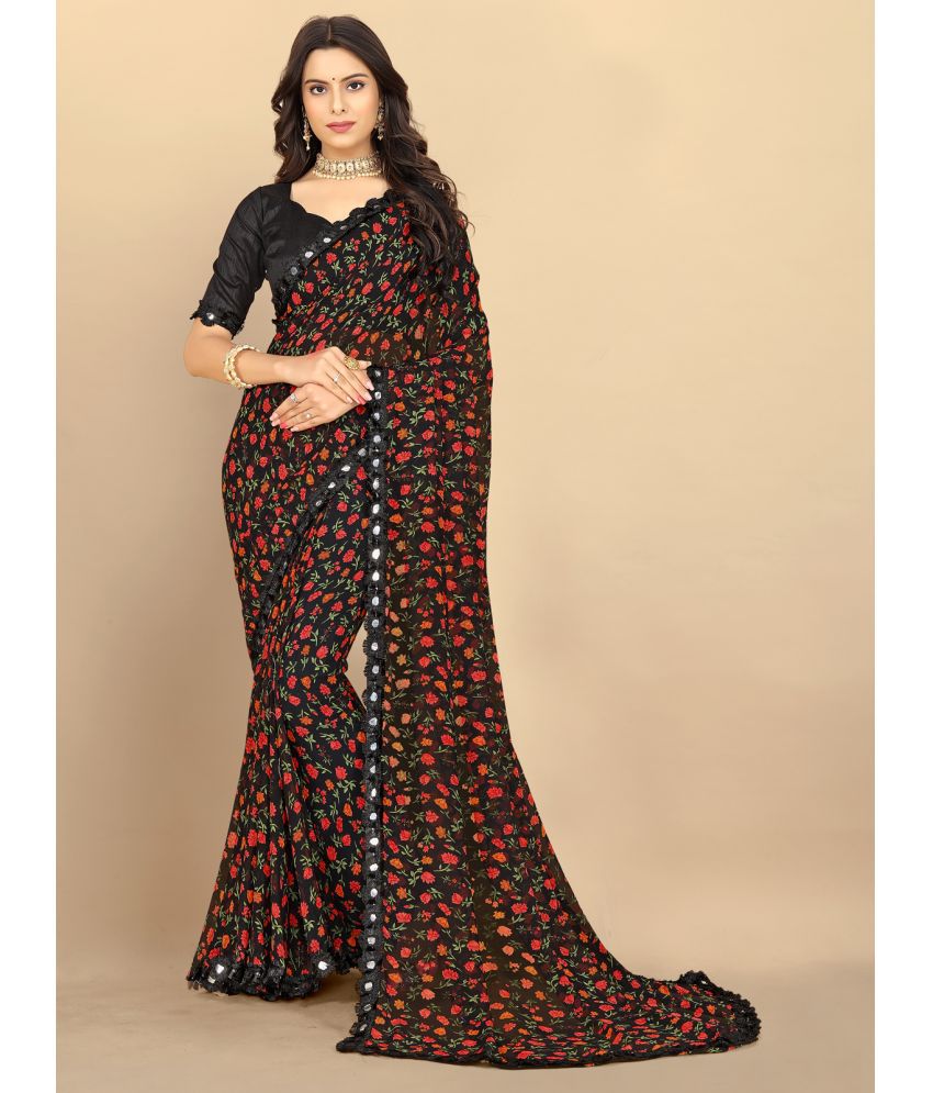 Rangita Women Floral Printed Georgette Saree With Blouse Piece - Black