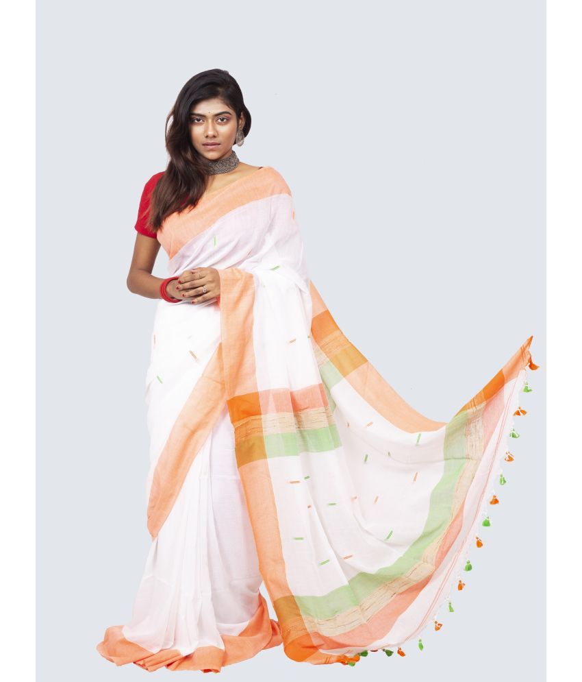     			AngaShobha - White Cotton Blend Saree With Blouse Piece ( Pack of 1 )