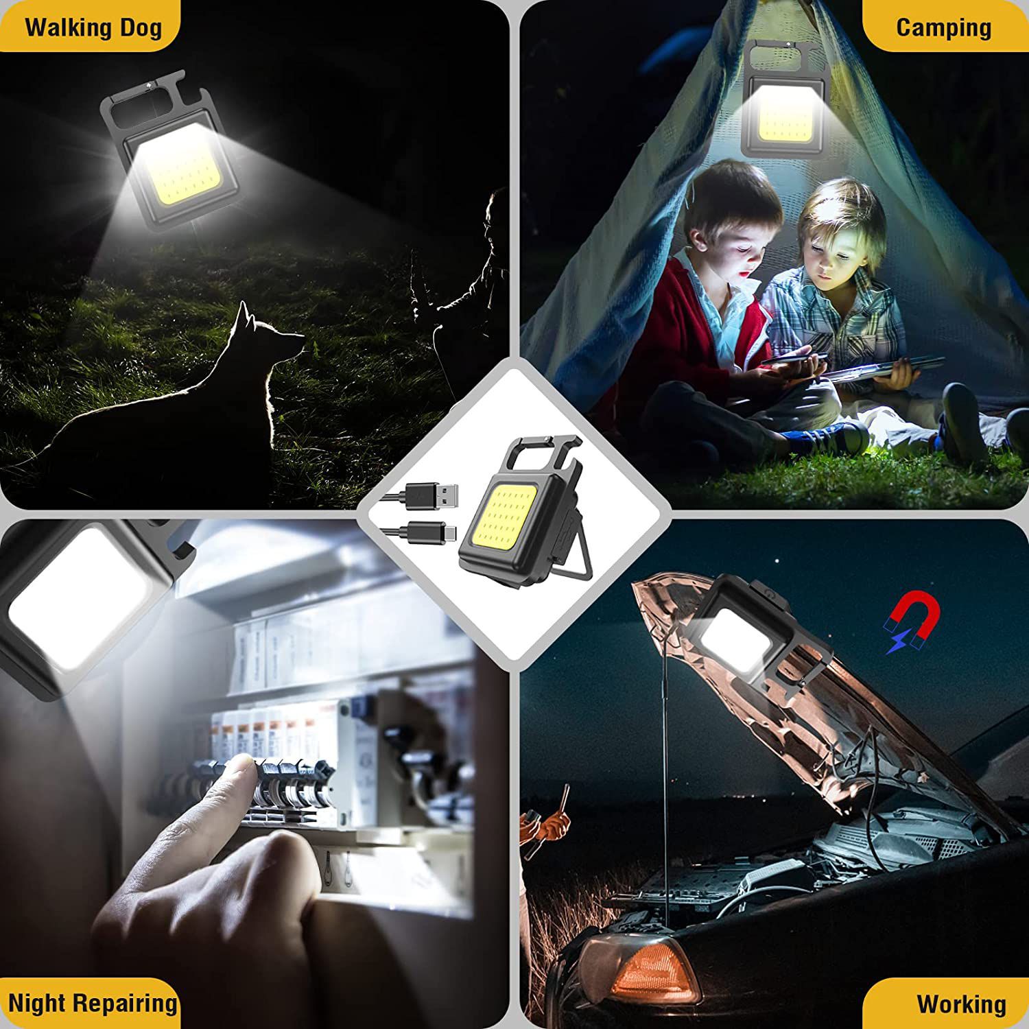     			Bright Mini Keychain Light (Pack of 2), Small Led Flashlight USB Rechargeable, 4 Modes, 800 Lumens, Portable Pocket Lights with Folding Bracket Bottle Opener and Magnet