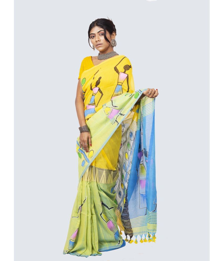     			AngaShobha - Yellow Cotton Blend Saree With Blouse Piece ( Pack of 1 )