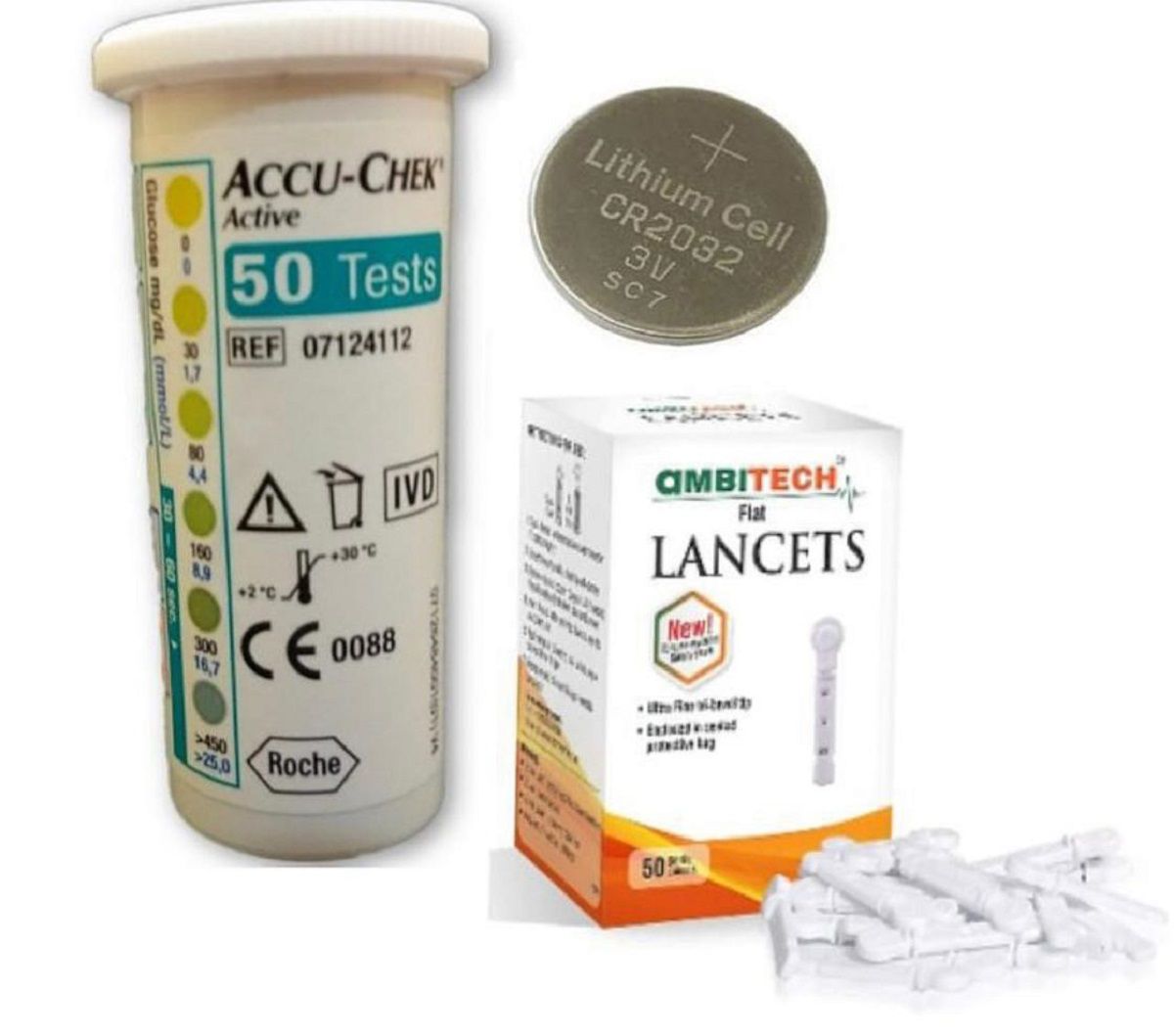 Accu-Chek Active 50 Sugar Test Strips + 50 Lancets with One One Battery Expiry Dec 2023