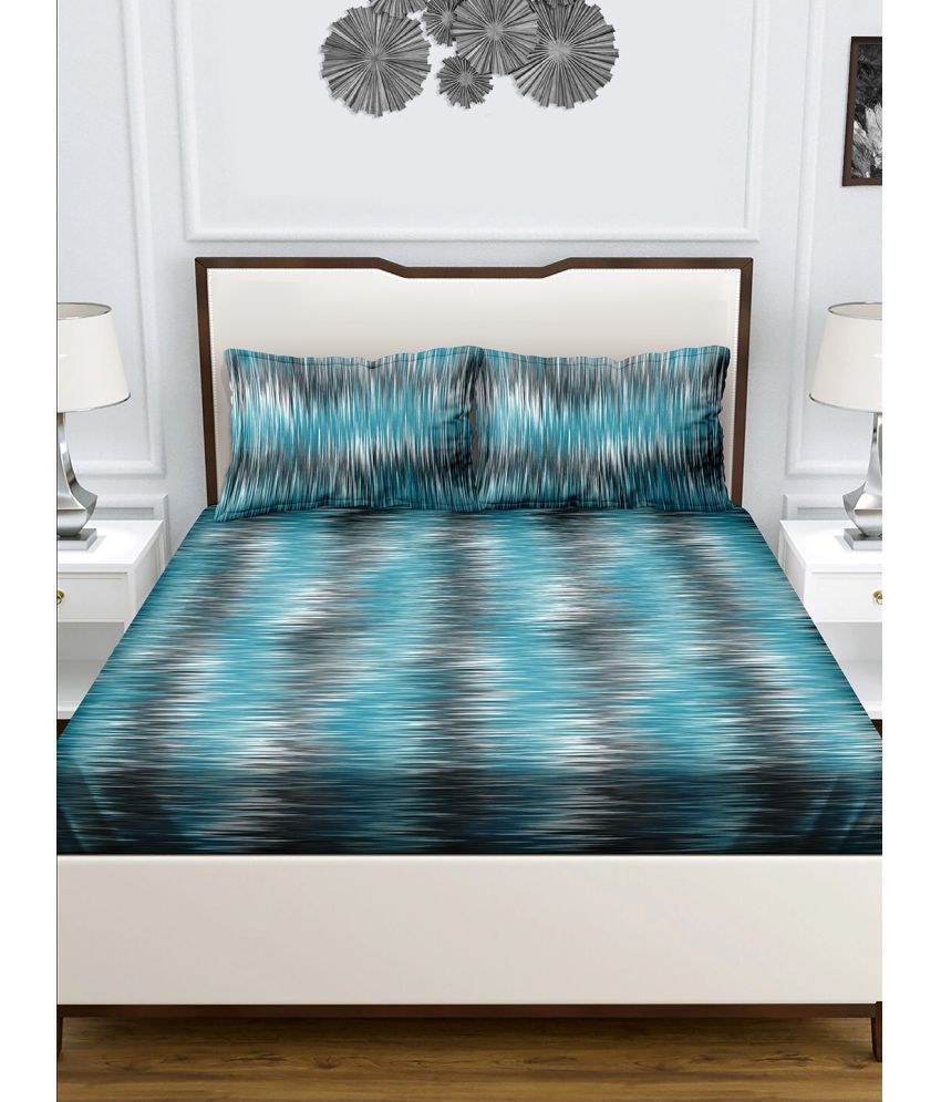     			Bella Casa - Blue Cotton Double Bedsheet with 2 Pillow Covers