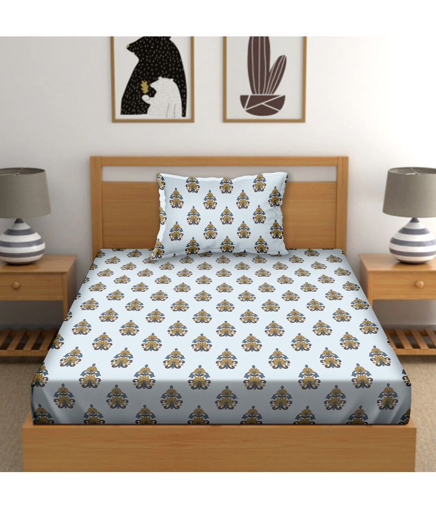     			Bella Casa - Blue Cotton Single Bedsheet with 1 Pillow Cover