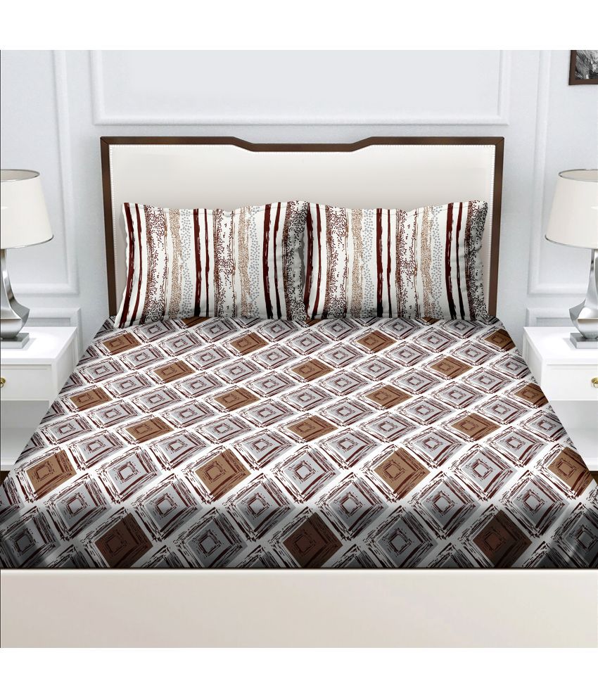     			Bella Casa - Brown Cotton Double Bedsheet with 2 Pillow Covers