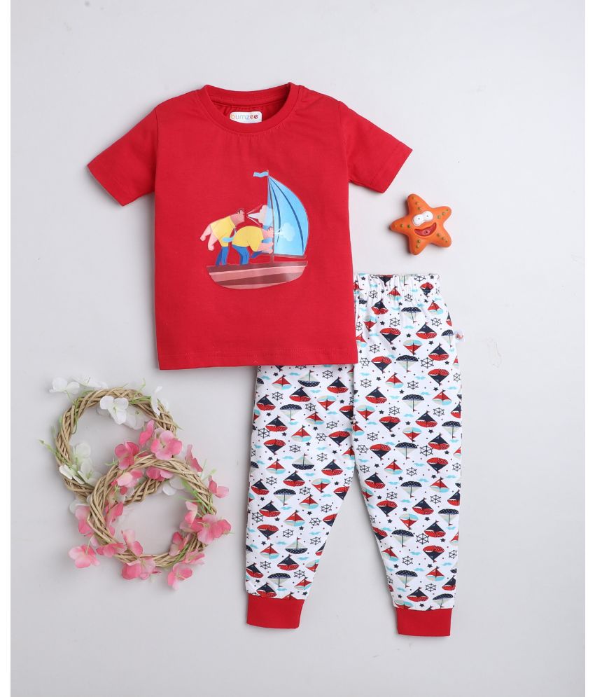    			BUMZEE - Red & White Cotton Baby Boy T-Shirt & Pyjama Set ( Pack of 1 )