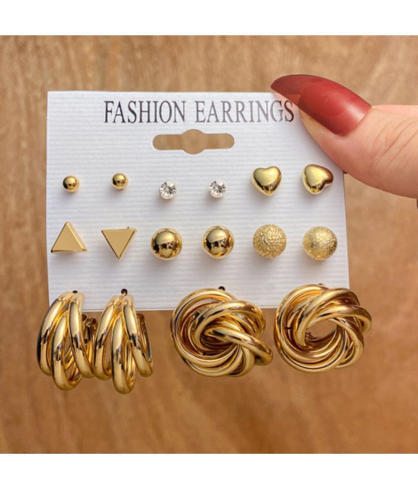     			FASHION FRILL Golden Stud Earrings ( Pack of 8 )