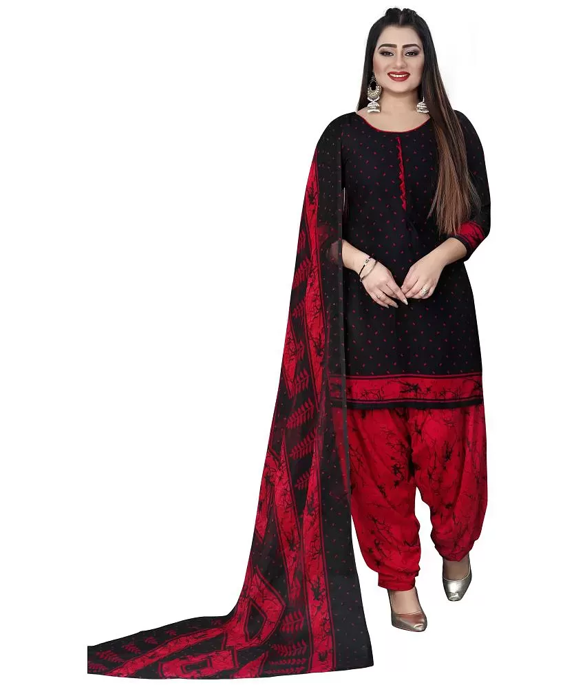 Black Suit Set with Red Printed Dupatta