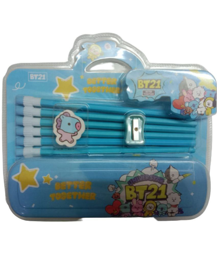     			2348 YESKART-BLUE  9pcs All in One BT21 Cartoon Theme Stationery Set School Supplies Gift Set Kit with 1 Pencil Box Case 6 Pencils 1 Eraser  1Sharpener Kit (PACK OF 1)