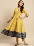 Rangita Women Chanderi Yellow Gold Printed Calf Length Kalidar Kurti With Contrast Border At Bottom Hem