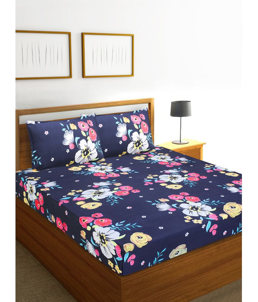     			Home Candy Microfiber Floral Double Bedsheet with 2 Pillow Covers-Navy Blue