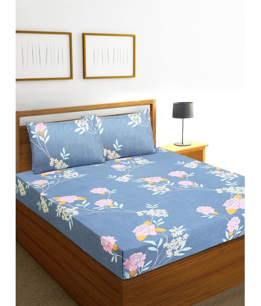     			Home Candy Microfiber Floral Double Bedsheet with 2 Pillow Covers-Blue