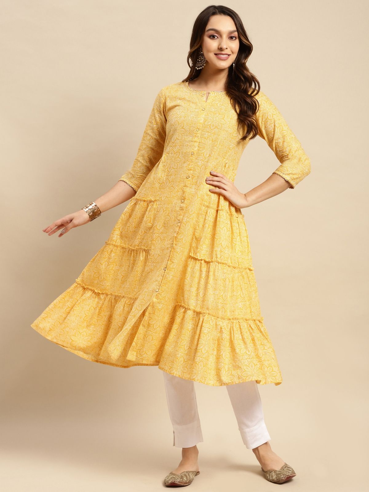     			Rangita Women 100% Cotton Yellow Tonal Printed Calf Length Tiered Kurti