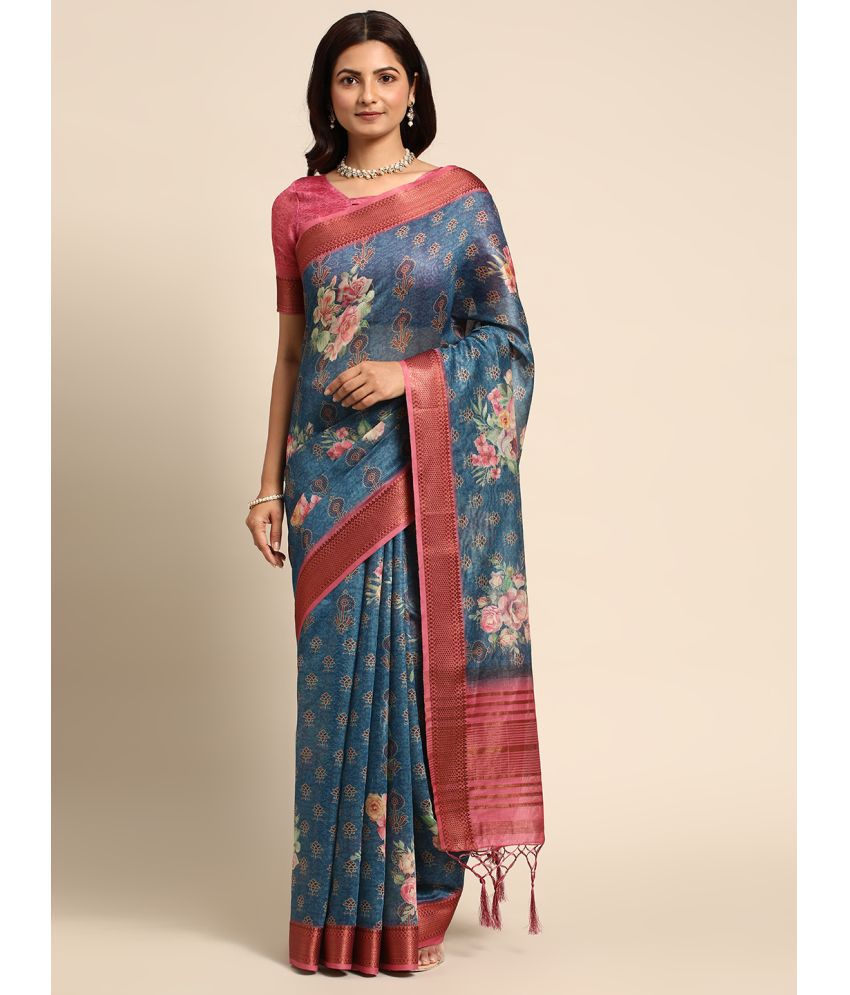     			Rekhamaniyar Fashions - Blue Linen Saree With Blouse Piece ( Pack of 1 )