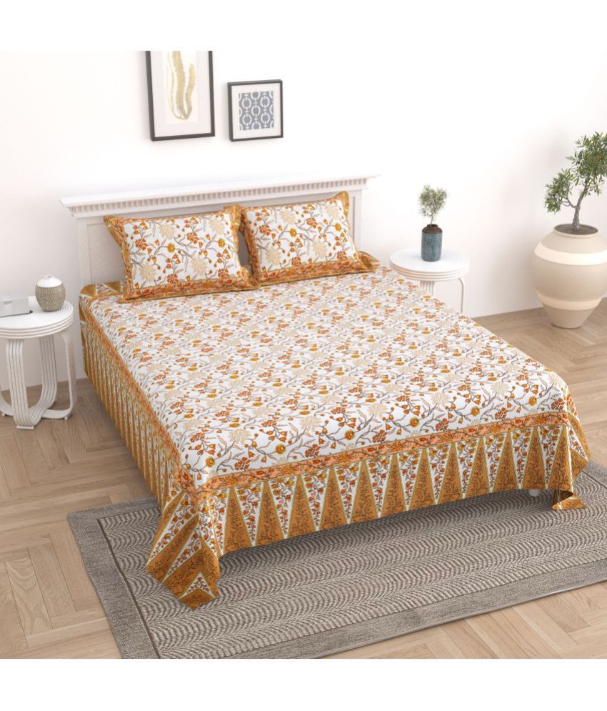     			Uniqchoice Cotton Floral Printed Double Bedsheet with 2 Pillow Covers - Yellow