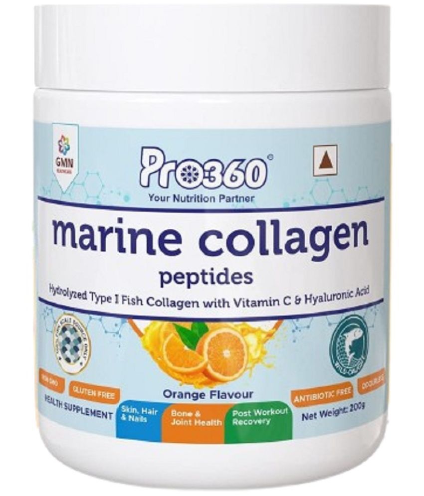     			Pro360 Marine Collagen Peptides Powder for Healthy Skin, Hair, Nails, Bone, Joint, Post workout Recovery - Hydrolyzed Type 1 Fish Collagen for Men and Women - Orange flavor 200g