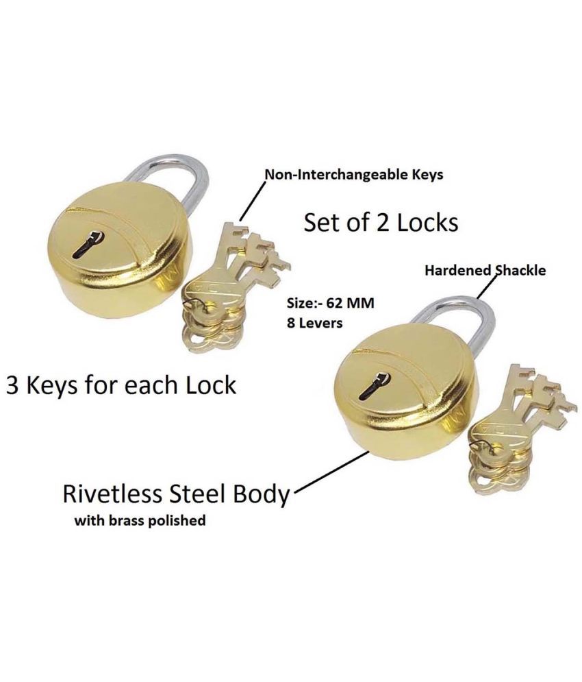     			Unikkus set of 2 locks and keys for home room door and multi-purpose, size locks 62 MM gold color padlocks