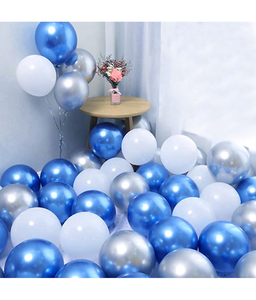     			Zyozi Blue Silver White Metallic Balloons Latex Balloons 10 Inch Helium Balloons with Ribbon for Birthday Graduation Baby Shower Wedding Anniversary Party Decorations, (Pack of 32)