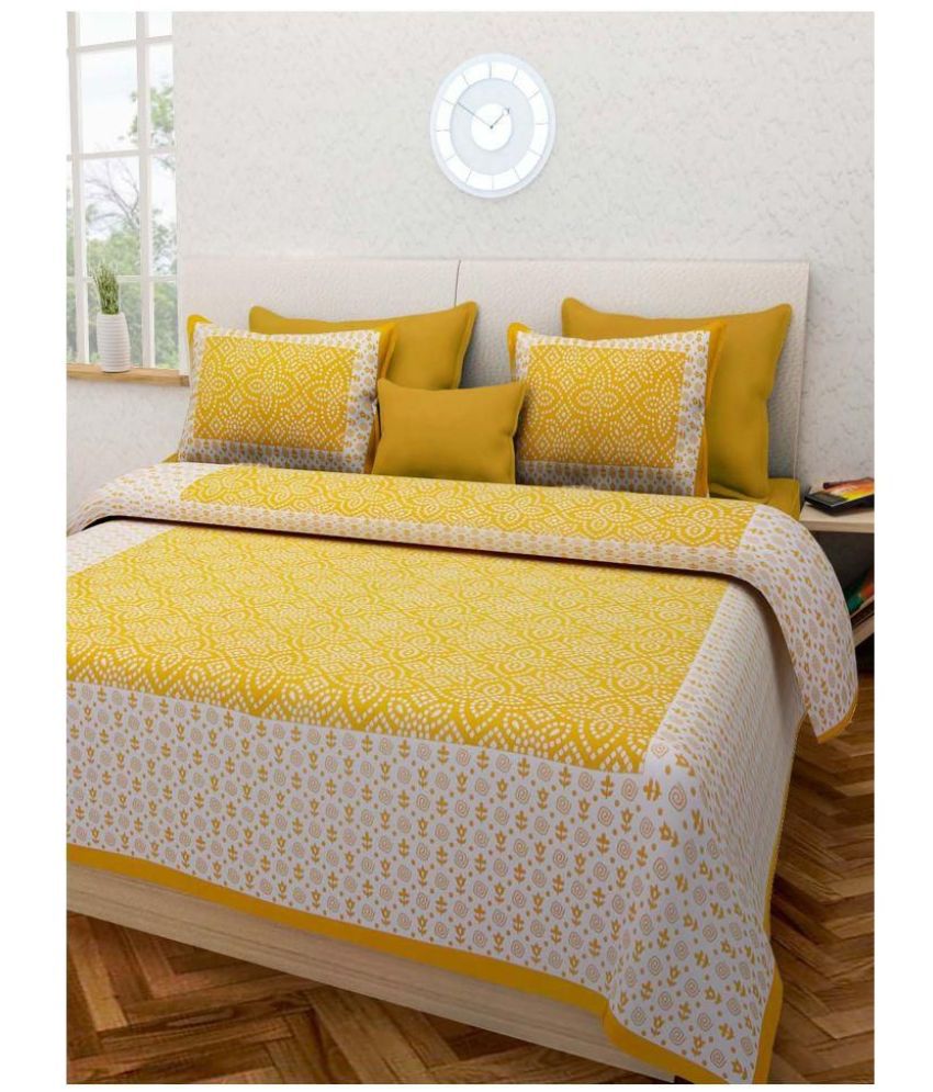     			FrionKandy Living Cotton Abstract Double Bedsheet with 2 Pillow Covers - Yellow