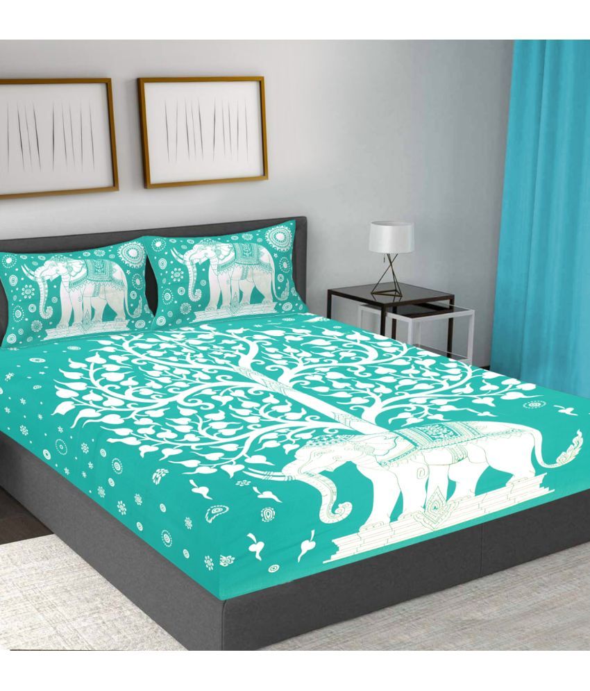     			FrionKandy Living Cotton Abstract Double Bedsheet with 2 Pillow Covers - Turquoise