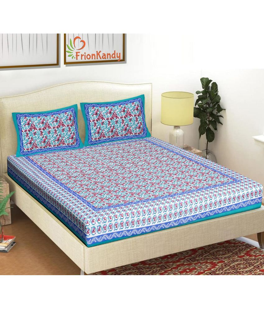     			FrionKandy Living Cotton Abstract Double Bedsheet with 2 Pillow Covers - Turquoise