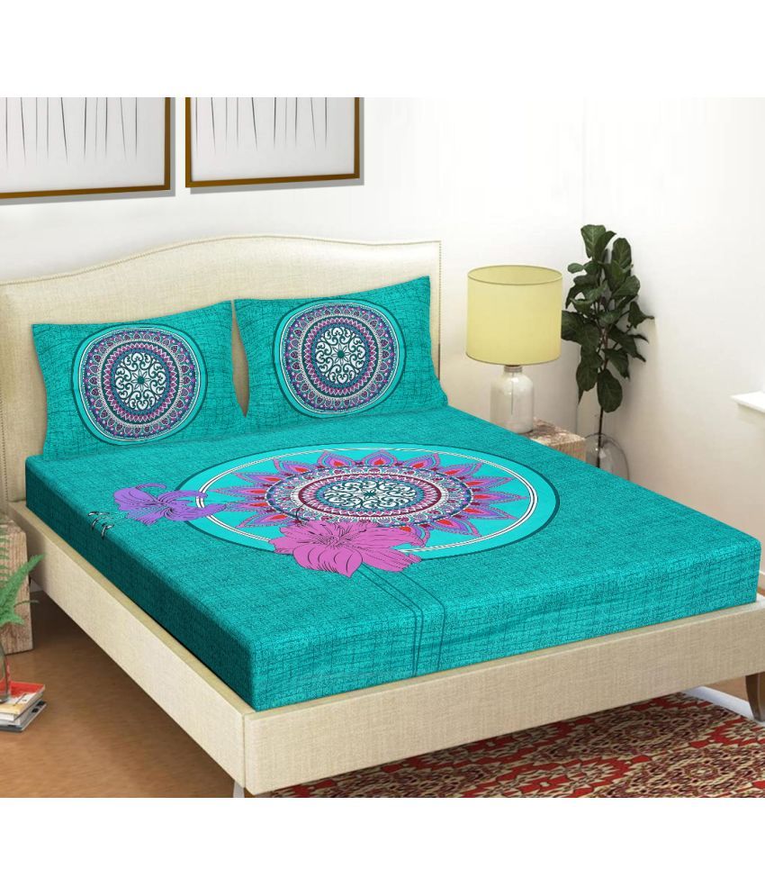     			FrionKandy Living Cotton Abstract Double Bedsheet with 2 Pillow Covers - Turquoise