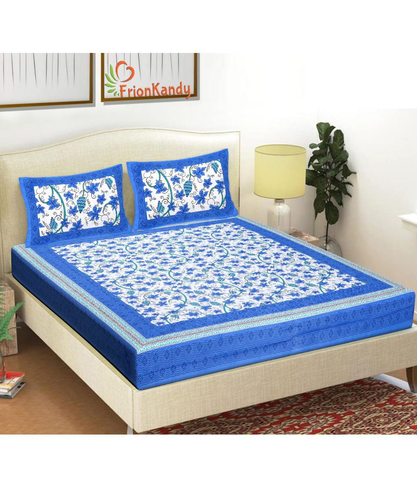     			FrionKandy Living Cotton Abstract Double Bedsheet with 2 Pillow Covers - Blue
