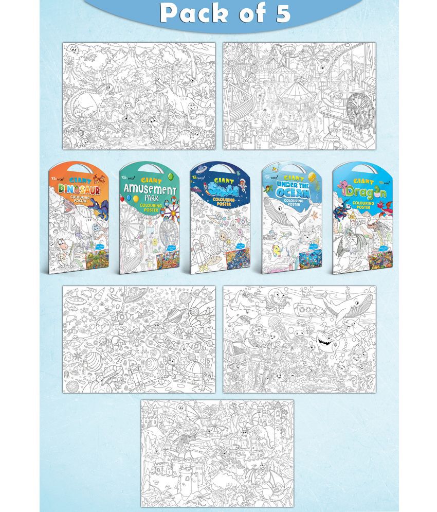     			GIANT DINOSAUR COLOURING POSTER, GIANT AMUSEMENT PARK COLOURING POSTER, GIANT SPACE COLOURING POSTER, GIANT UNDER THE OCEAN COLOURING POSTER and GIANT DRAGON COLOURING POSTER | Combo pack of 5 posters I Coloring poster collection