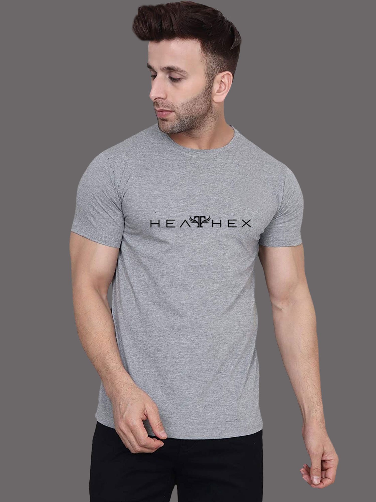     			Heathex - Light Grey Cotton Blend Regular Fit Men's T-Shirt ( Pack of 1 )