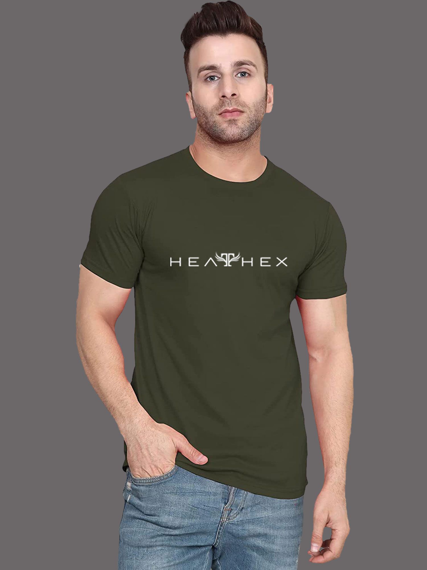     			Heathex - Olive Cotton Blend Regular Fit Men's T-Shirt ( Pack of 1 )