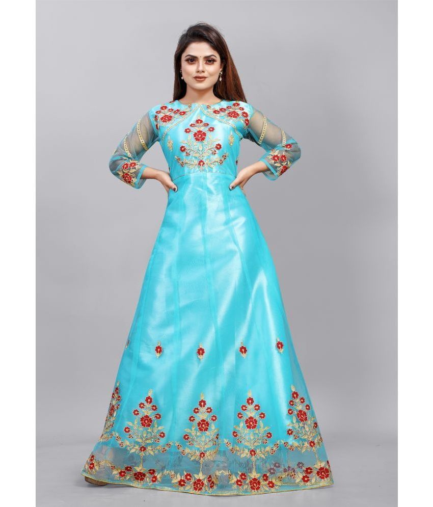     			Apnisha - Turquoise Flared Net Women's Semi Stitched Ethnic Gown ( Pack of 1 )