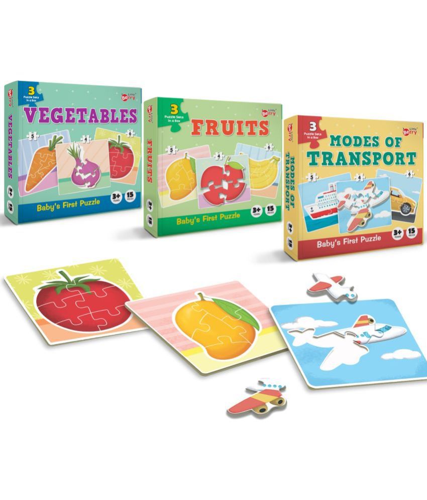     			Little Berry Baby’s First Jigsaw Puzzle Set of 3 for Kids: Fruits, Vegetables & Modes of Transport  - 15 Puzzle Pieces Each