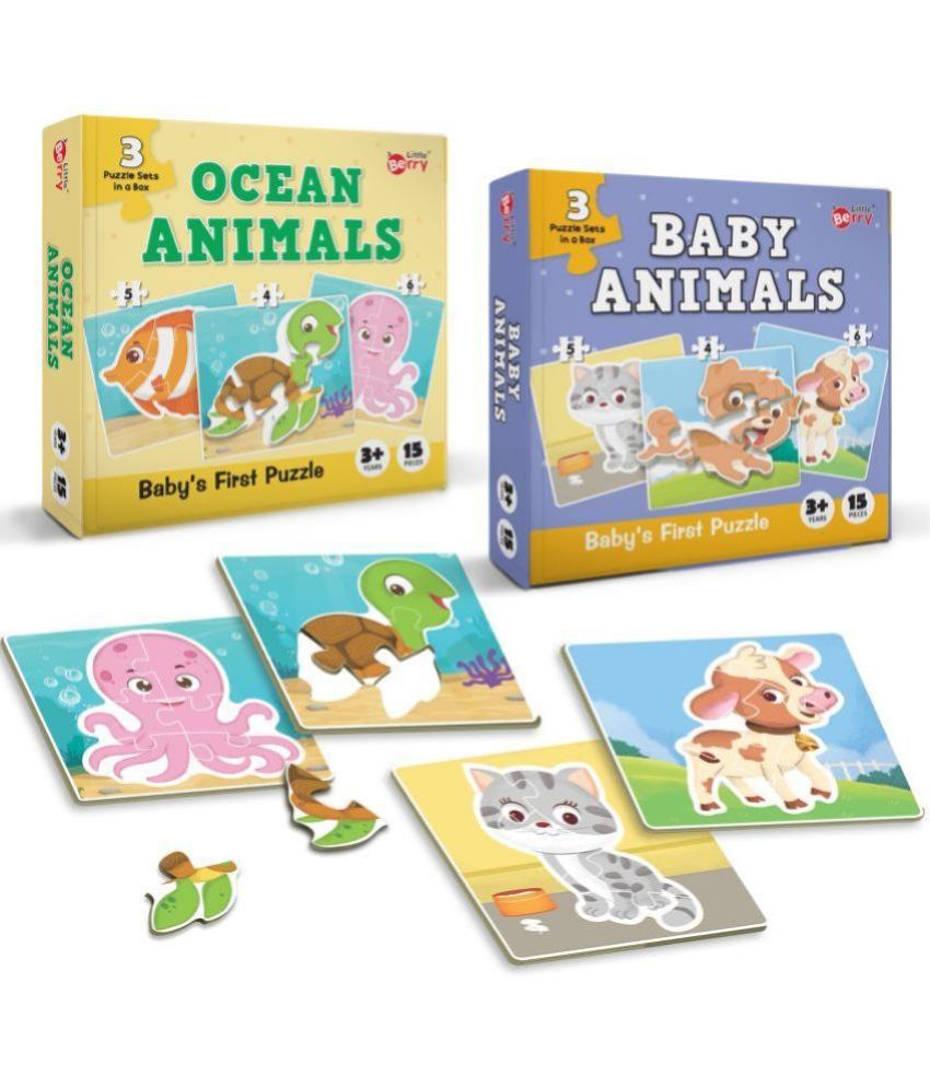     			Little Berry Baby’s First Jigsaw Puzzle Set of 2 for Kids: Baby Animals and Ocean Animals - 15 Puzzle Pieces Each