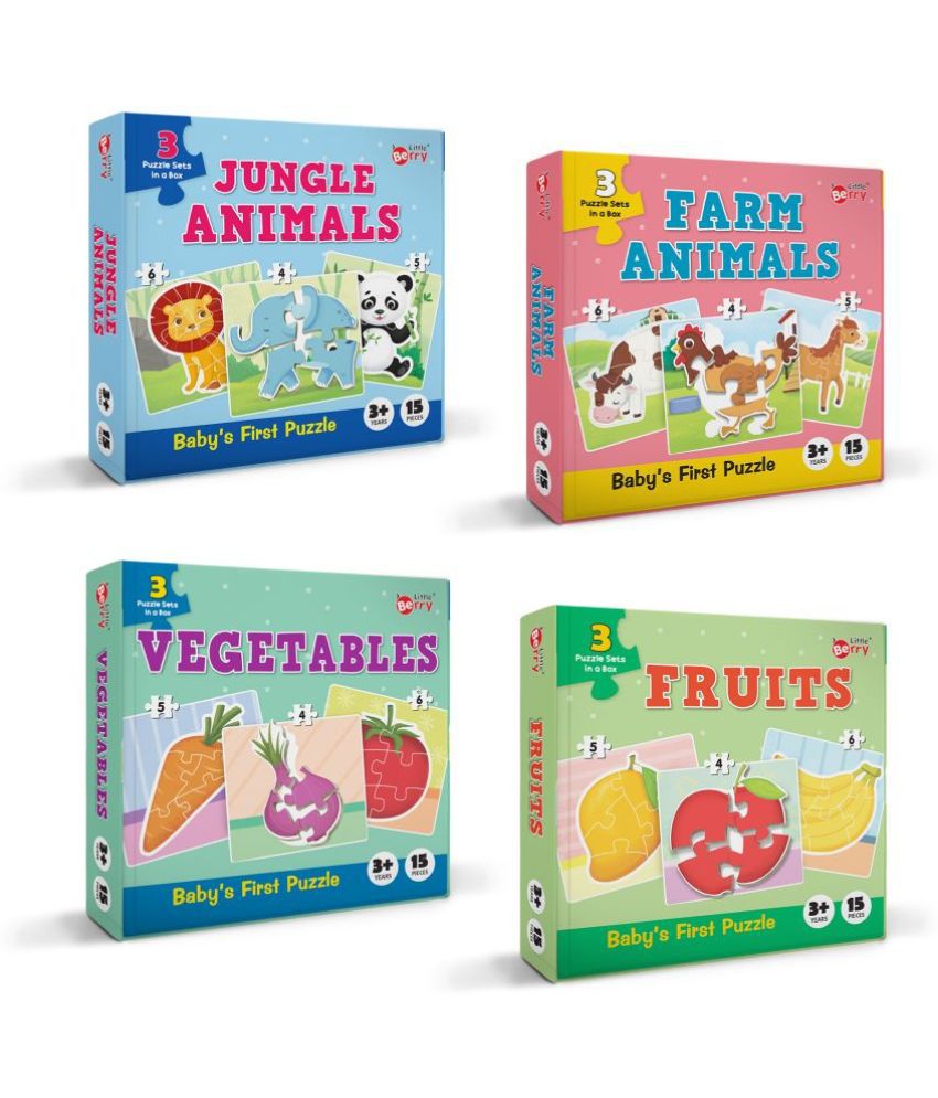     			Little Berry Baby’s First Jigsaw Puzzle Set of 4 for Kids: Jungle Animals, Farm Animals, Fruits & Vegetables - 15 Puzzle Pieces Each